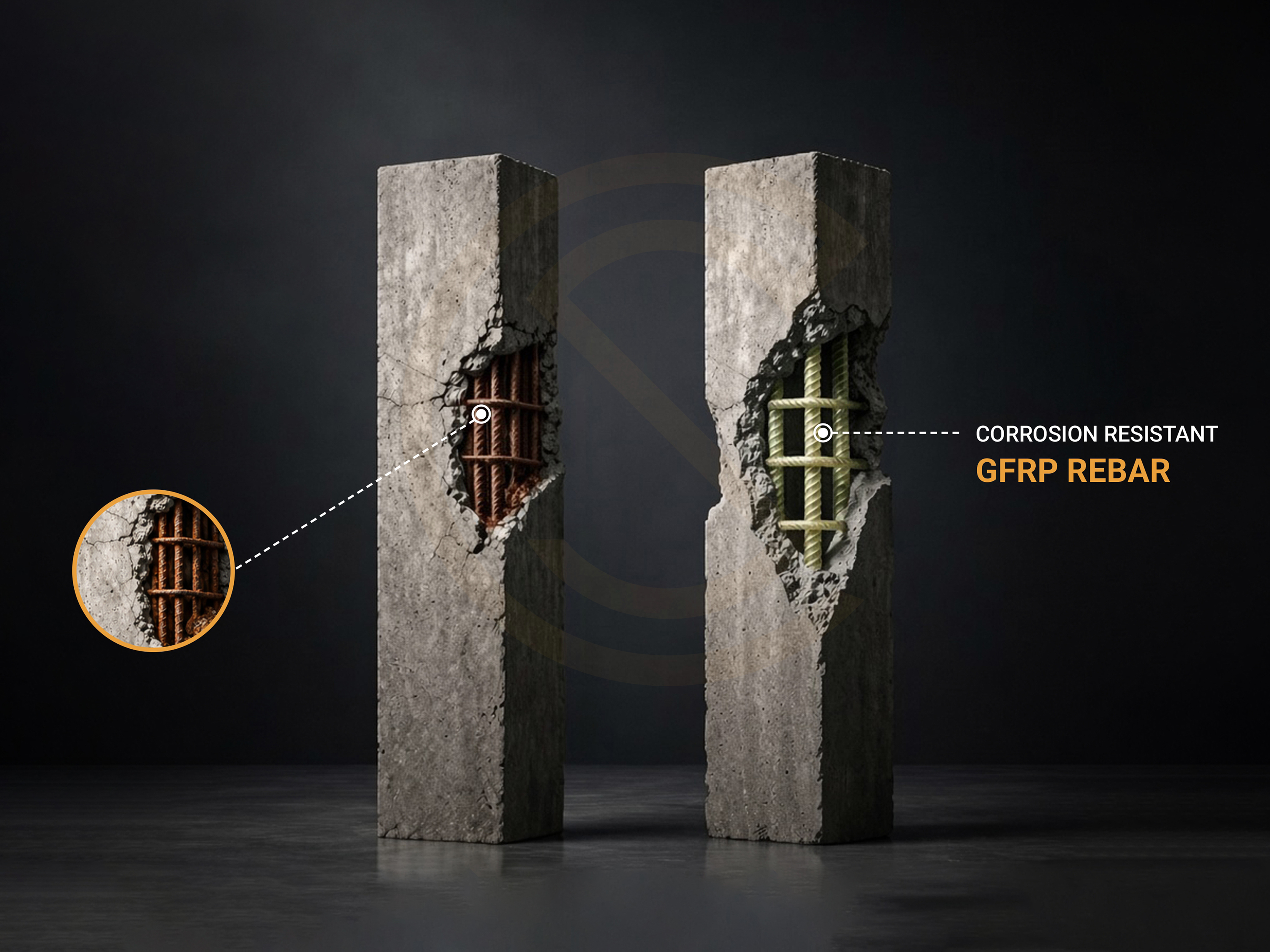 GFRP rebar compared with conventional steel reinforcement